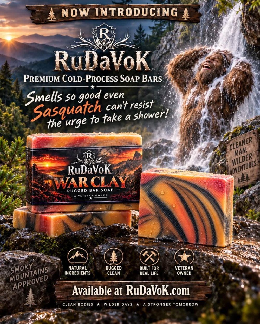 War Clay poster — marbled soap bars on wet rocks while a Sasquatch showers under a waterfall