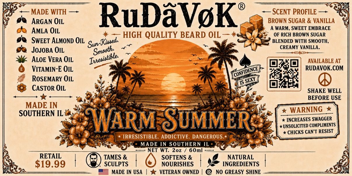 Warm Summer beard oil label — a beach sunset with palm trees and hibiscus flowers