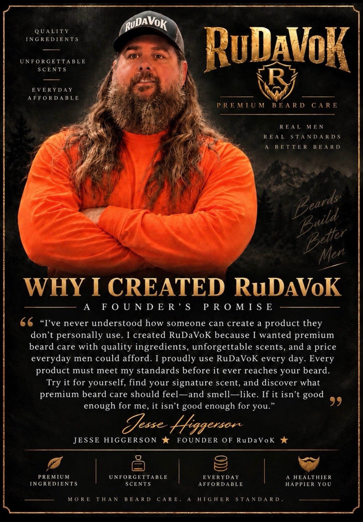 Why I Created RuDaVoK — A Founder's Promise poster: RuDaVoK in an orange shirt and RuDaVoK hat, arms crossed, above his founder's promise — 'I've never understood how someone can create a product they don't personally use… If it isn't good enough for me, it isn't good enough for you.' Signed Jesse Higgerson, Founder of RuDaVoK. Quality Ingredients, Unforgettable Scents, Everyday Affordable — Beards Build Better Men