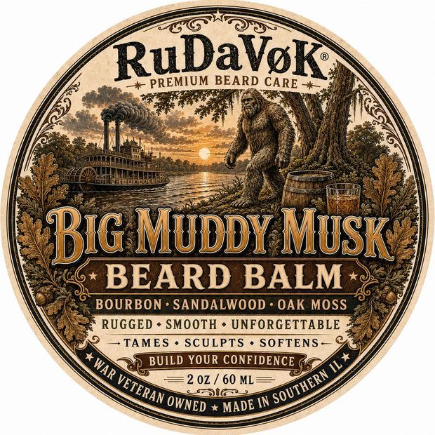 Big Muddy Musk Beard Balm round tin label — riverboat and Sasquatch on the Big Muddy River