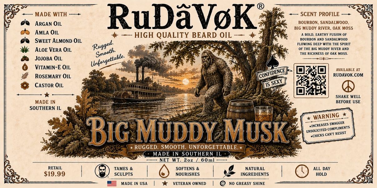 Big Muddy Musk beard oil label — a riverboat on the Big Muddy River at sunset with a Sasquatch on the bank