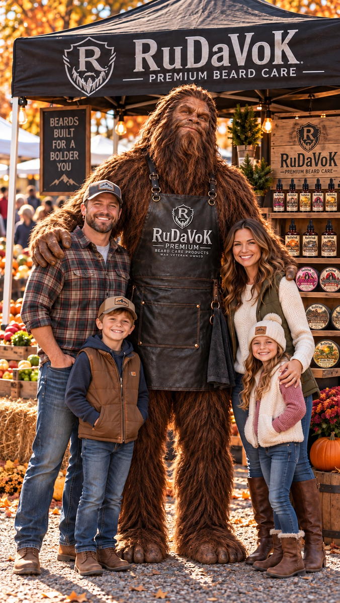 Big Muddy, the 8ft RuDaVoK Sasquatch, wearing his black RuDaVoK apron and posing for a photo with a smiling family of four in front of the RuDaVoK farmers market booth — black RuDaVoK tent overhead, shelves of beard oils, balms and butters behind them, fall market stalls all around