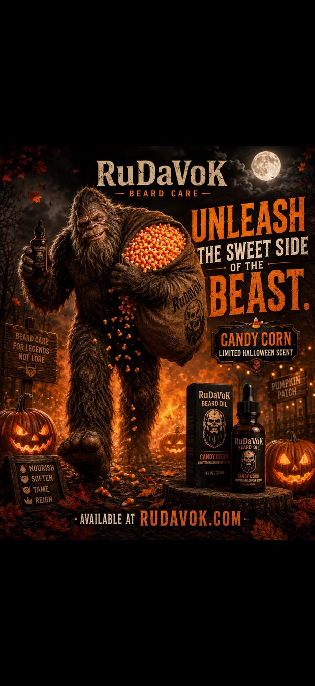 Sugar Beast candy corn poster — a Sasquatch hauling a brimming sack of candy corn through a jack-o'-lantern patch under a full moon, holding up a bottle of Sugar Beast beard oil, 'Unleash the Sweet Side of the Beast — Candy Corn, the Halloween scent'