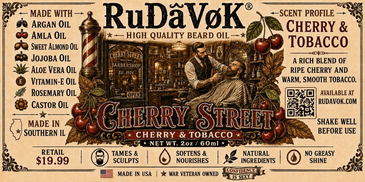 Cherry Street beard oil label — the Cherry Street Barbershop, established 1924, with a barber trimming a customer's beard