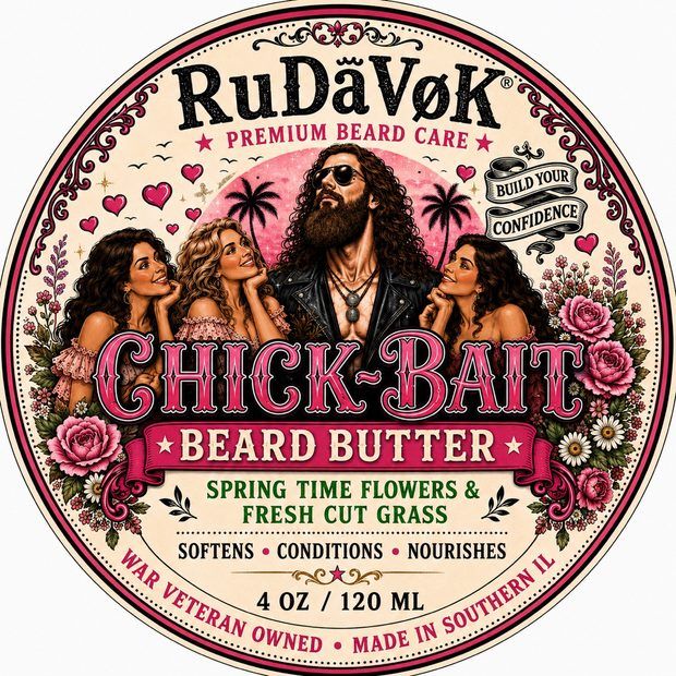Chick-Bait Beard Butter round tin label — bearded man with admirers among spring flowers