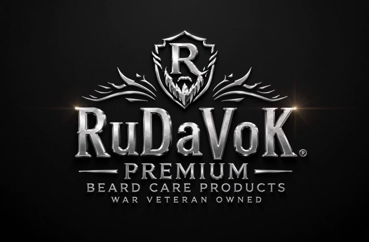 RuDaVoK official logo — silver shield over 'RuDaVoK, Premium Beard Care Products, War Veteran Owned & Operated'
