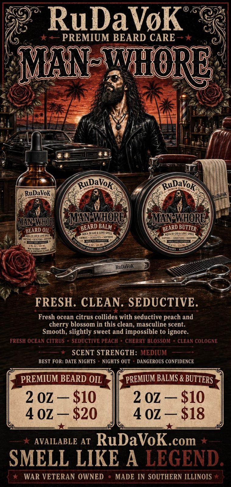 Man-Whore scent poster — fresh ocean citrus, seductive peach, cherry blossom and clean cologne, medium strength, best for date nights and nights out, with the RuDaVoK price box