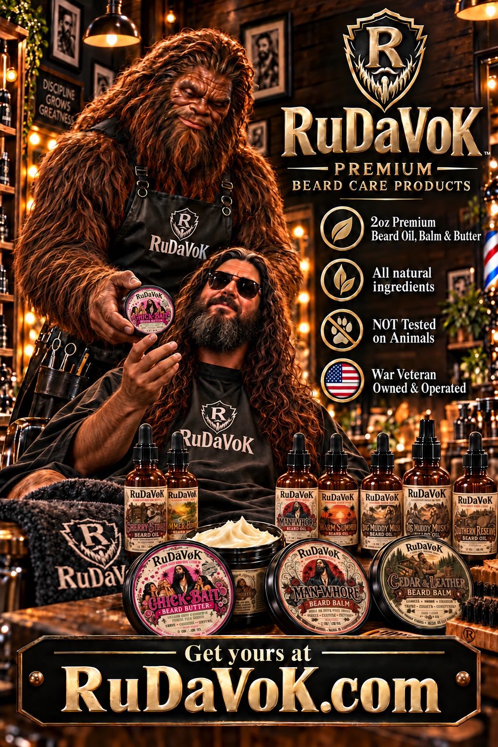 Poster of RuDaVoK in a barber chair holding a tin of Chick-Bait beard butter while a Sasquatch barber in a RuDaVoK apron stands behind him, the full RuDaVoK lineup on the counter