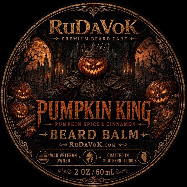 Pumpkin King Beard Balm round tin label — a grinning jack-o'-lantern with pumpkins, pumpkin spice and cinnamon