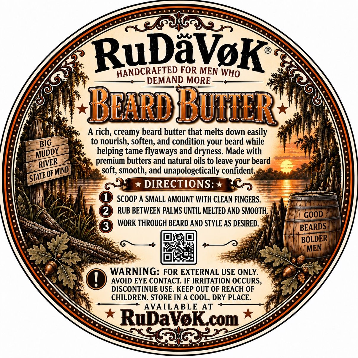 RuDaVoK Beard Butter round tin label — Big Muddy River sunset scene with directions