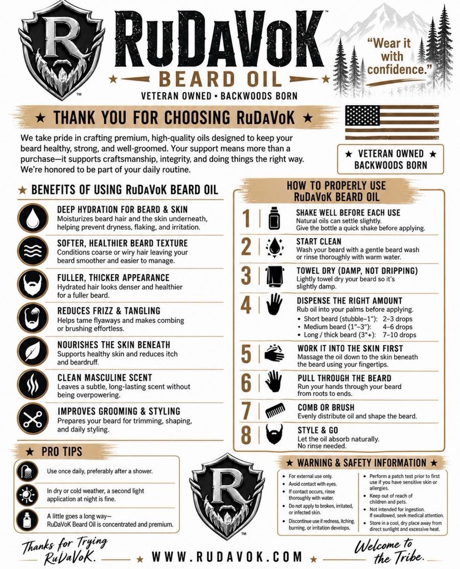 RuDaVoK Beard Oil card — 'War Veteran Owned & Operated, Backwoods Born', seven benefits of beard oil and the 8-step 'How to Properly Use RuDaVoK Beard Oil' guide with pro tips