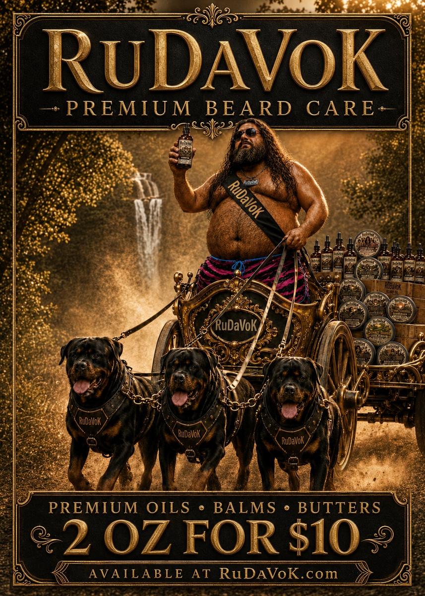 RuDaVoK chariot poster — RuDaVoK holding up a bottle of beard oil from a golden chariot pulled by three Rottweilers, a wagon loaded with RuDaVoK beard oils, balms and butters rolling behind him, 'Premium Oils · Balms · Butters — 2 oz for $10 — Available at RuDaVoK.com'