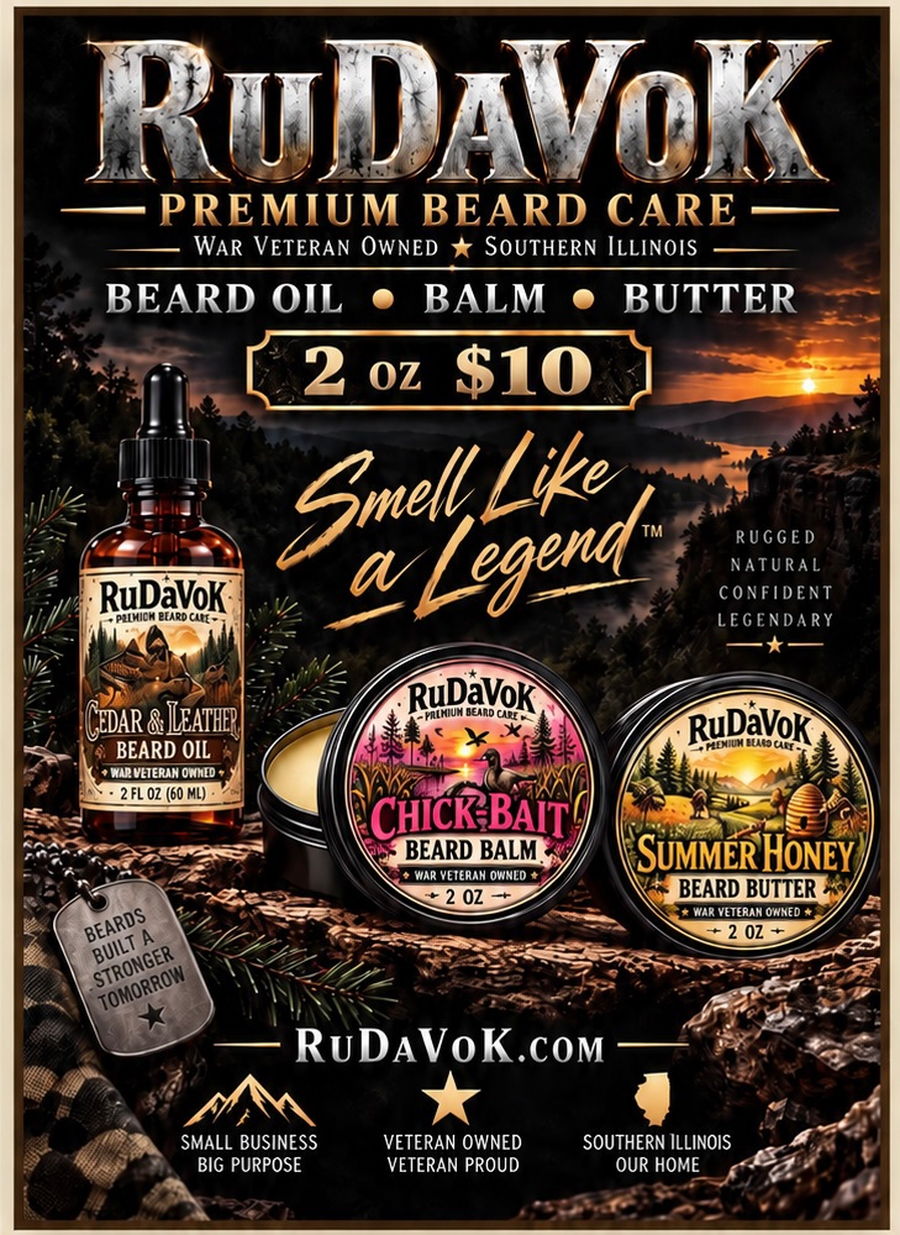 RuDaVoK vertical poster — Cedar & Leather beard oil, Chick-Bait beard balm and Summer Honey beard butter at sunset, '2oz $10 — Smell Like A Legend', Small Business Big Purpose