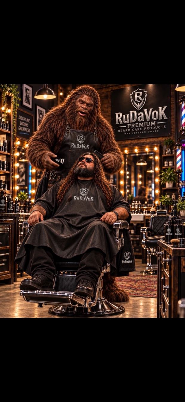 The Sasquatch barber at work in the Ranch barbershop — comb and clippers in hand, trimming RuDaVoK in the barber chair under the RuDaVoK Premium sign, 'Discipline Grooms Greatness' on the wall