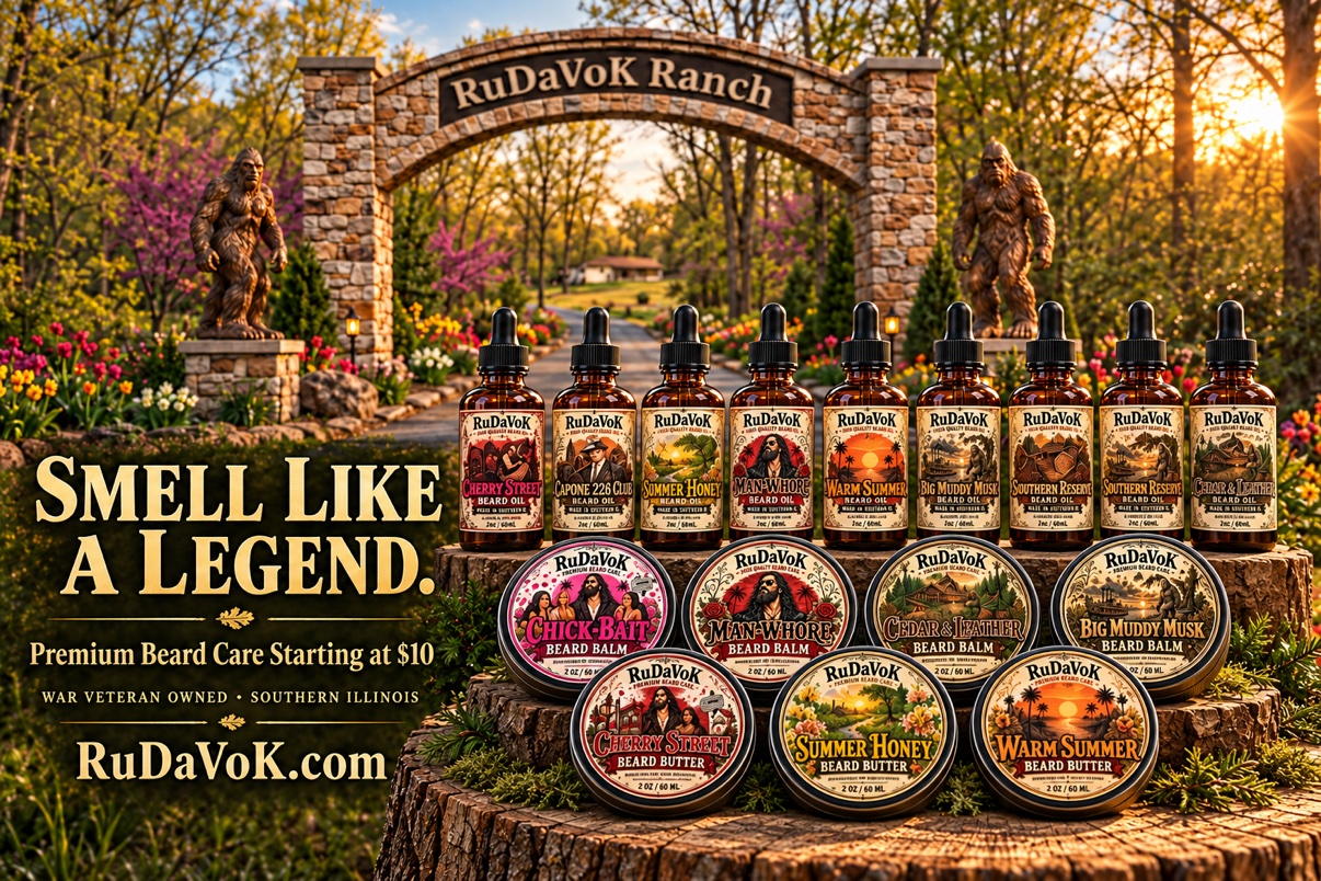 The full RuDaVoK lineup at the ranch gate — nine beard oil bottles, beard balm tins and beard butter tins arranged on a tree stump in front of the stone RuDaVoK Ranch arch, with two Sasquatch statues standing guard and 'Smell Like A Legend — Premium Beard Care Starting at $10' across the scene