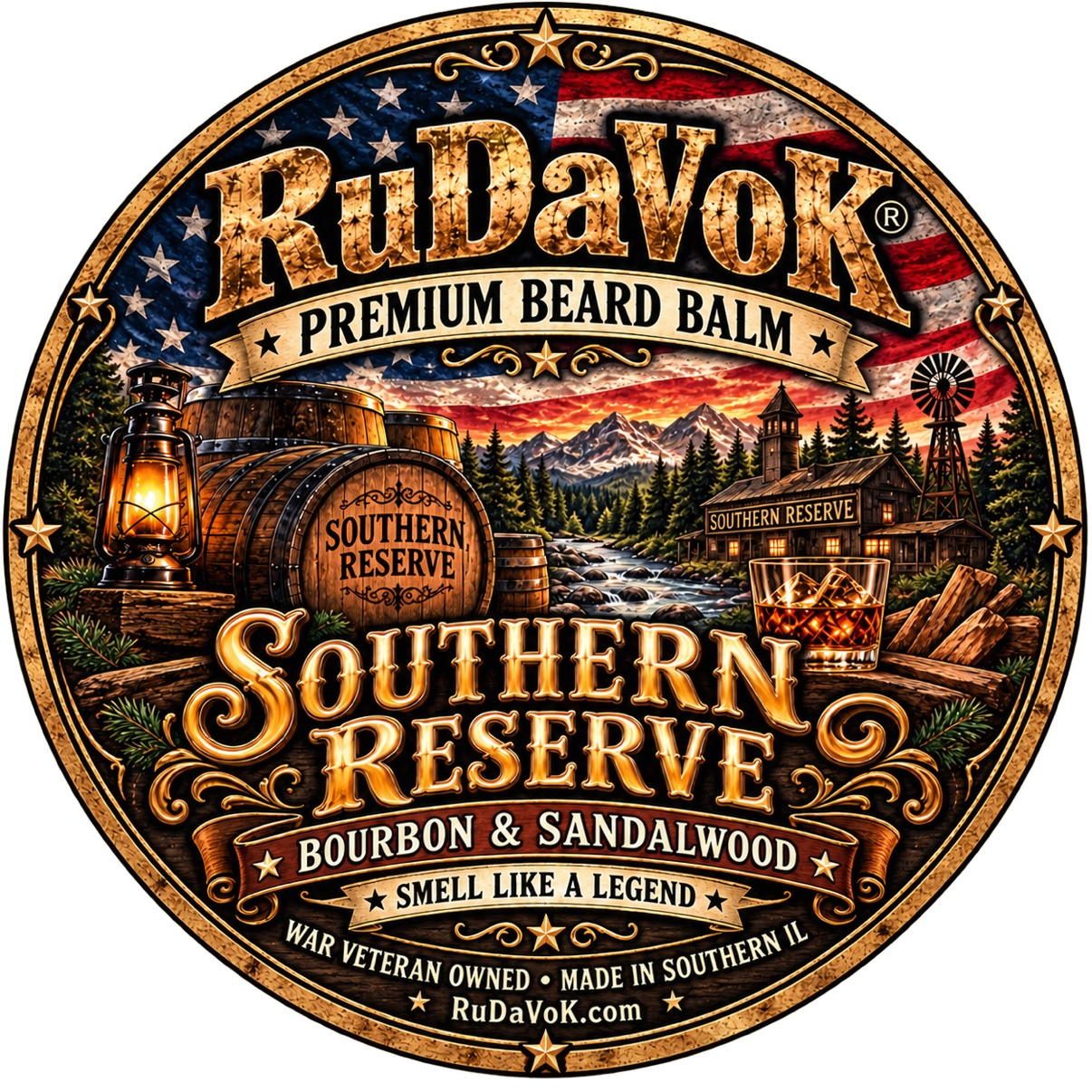 Southern Reserve Beard Balm round tin label — bourbon barrel and ranch scene