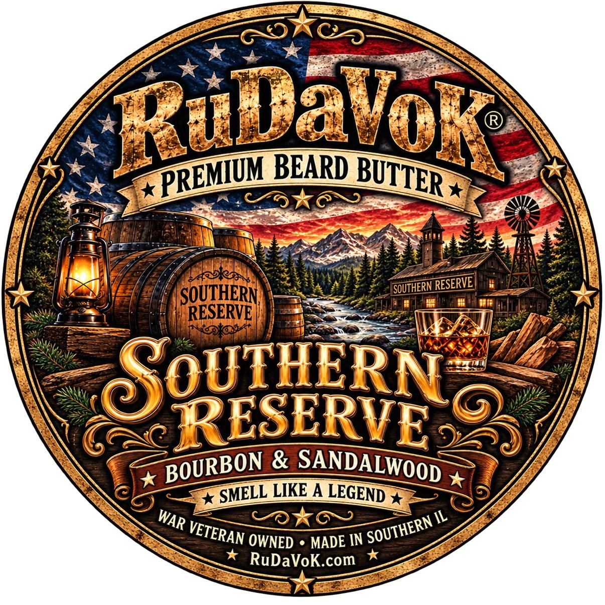 Southern Reserve Beard Butter round tin label — bourbon barrel and ranch scene