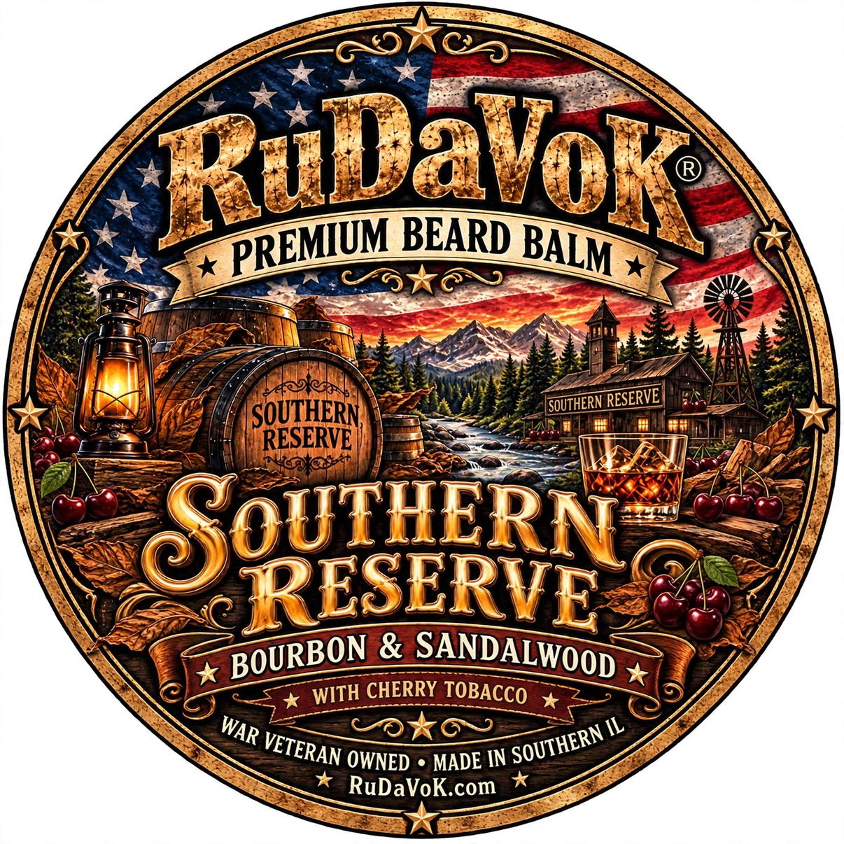 Southern Reserve with Cherry Tobacco Beard Balm round tin label — the American flag label with a bourbon barrel, ranch scene, cherries and tobacco leaves