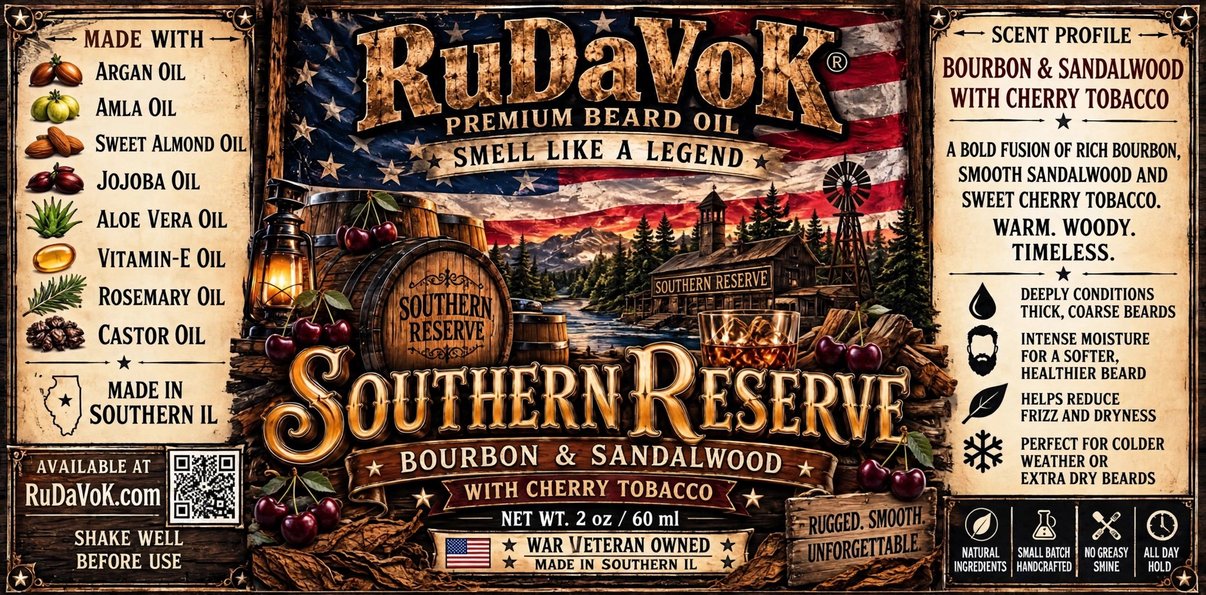 Southern Reserve with Cherry Tobacco beard oil label — the American flag label with cherries and tobacco leaves, bourbon and sandalwood with cherry tobacco