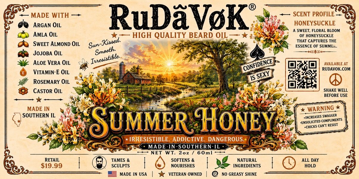 Summer Honey beard oil label — a Southern farm at sunrise surrounded by honeysuckle flowers