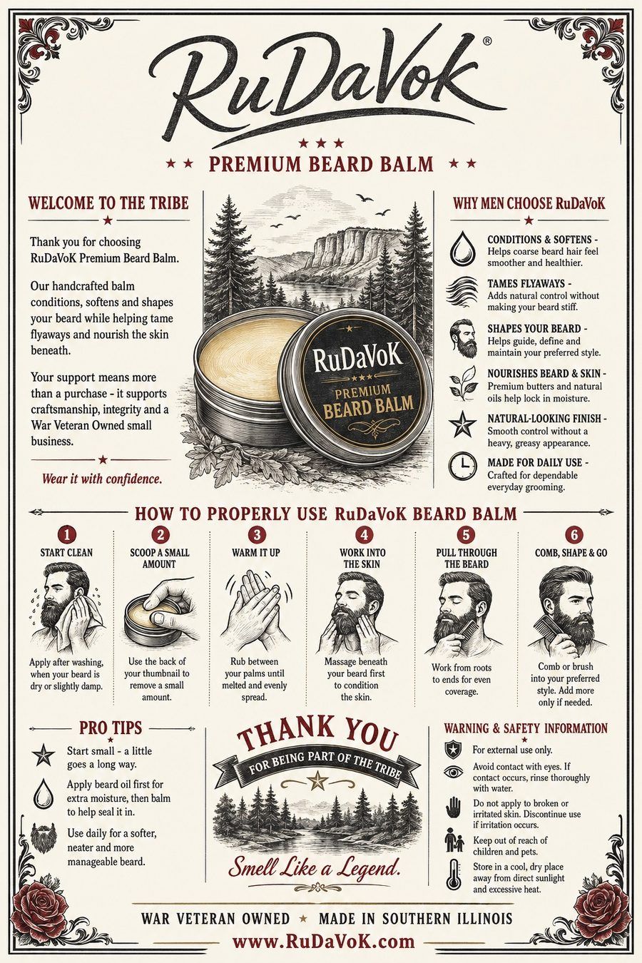 'Welcome to the Tribe' Premium Beard Balm card — the 6-step balm guide with the pro tip to apply oil first, then balm to seal it in